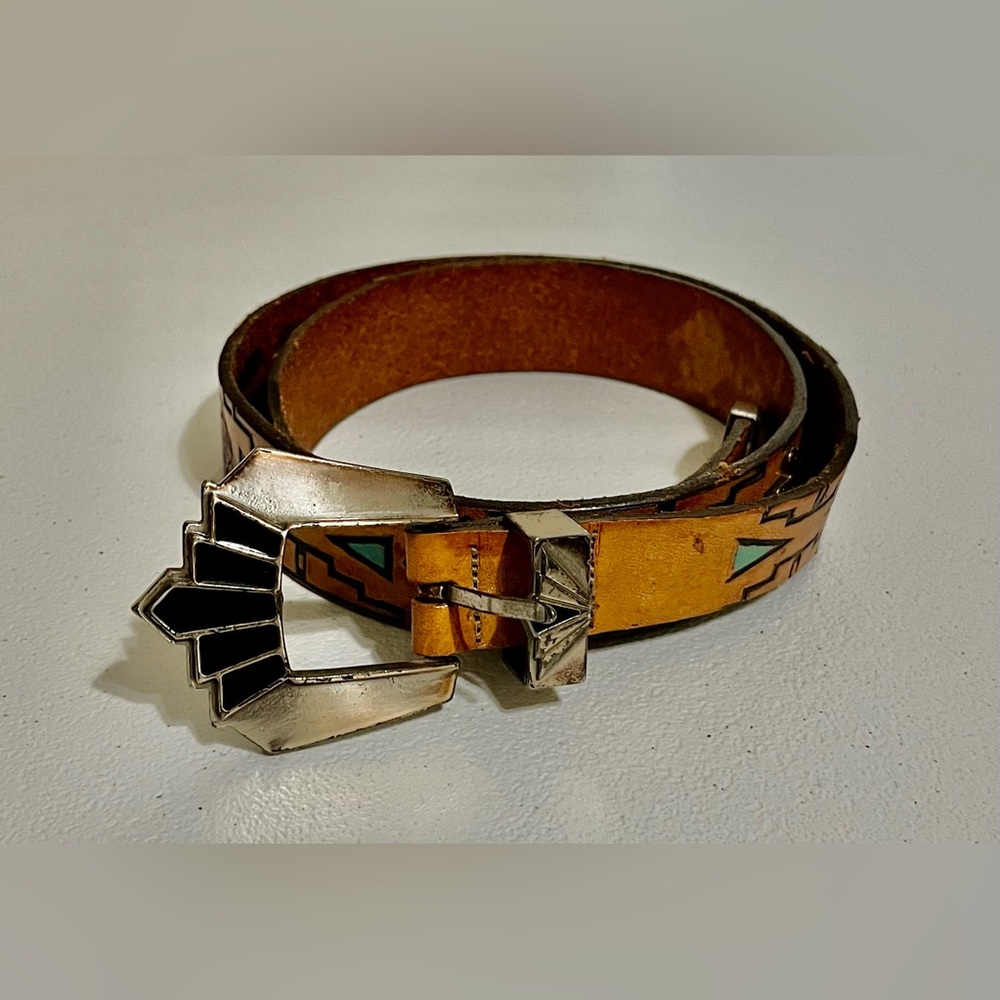 Native American Southwestern Style Tan Leather Belt with Silver Buckle - Picture 15 of 15
